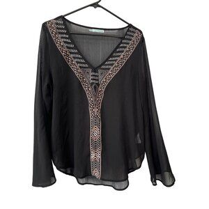 Maurices Blouse Size Large Embroidered V Neck Long Sleeve Sheer Black Multi Chic